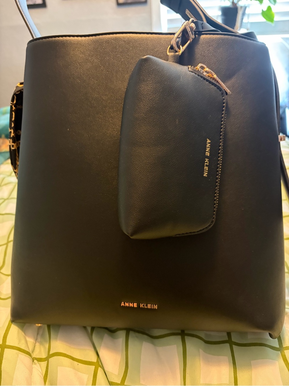 Anne Klein Black Faux Leather Tote with Removable Pouch